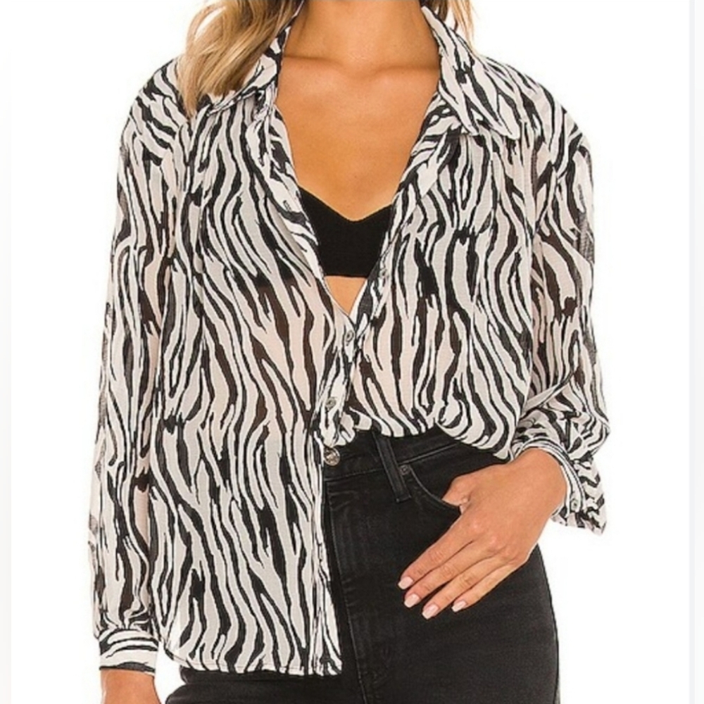 Free People Ciara Zebra Printed Button Down Blouse Sheer Black/White Size XL